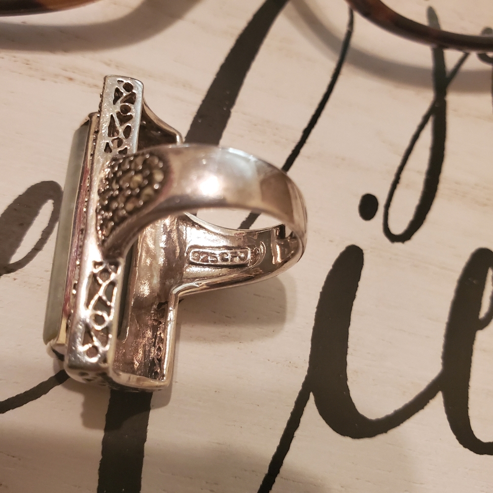 Jade. Marcasite, 925 Silver Statement Ring - image 3